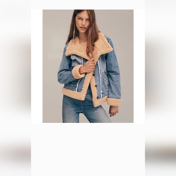 Free People Rylee Cozy Moto Sherpa Faux Fur Denim Jacket Womens - Picture 4 of 9